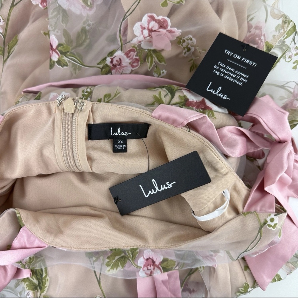 Lulu's Nude/Pink Floral Tie Strap Midi Dress Prom Wedding Guest Party Formal NEW - Picture 13 of 16